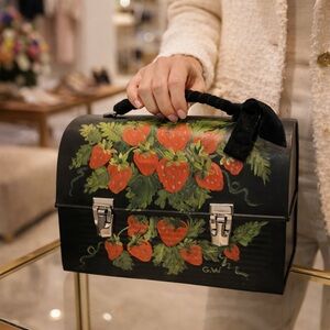 Black Strawberry-Print Top Handle Crossbody Bag